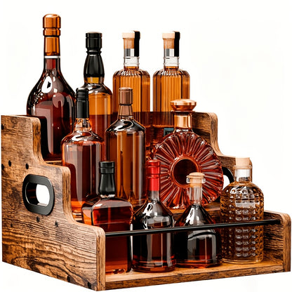 Solid Wood Liquor Bottle Display Shelf, Coffee Syrup Rack Organizer, 3 Step Countertop Liquor Wine Rack, Mini Bar, Liquor Cabinet, Home Retro Bar Shelf Stand for Liquor Whiskey, Spirits, Spice Rack