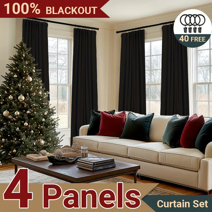 4 Panels 100% Blackout Curtains for Living Room - Faux Linen Textured Curtains 4 Panel Set- Complete Thermal Insulated Drapes for Bedroom with Clip Rings Or Rod Pocket Options for Ultimate Darkness And Energy Efficiency Home Decor