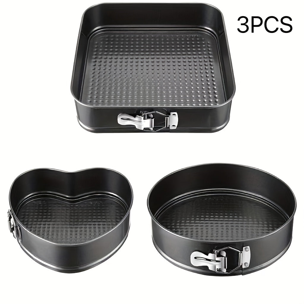 3/6pcs Non-Stick Durable Cake Baking Pan Set, with Removable Bottom Cake Molds, Carbon Steel Round and Heart-Shaped Baking Pans, Easy-Release Kitchen Springform Pan Set, Black