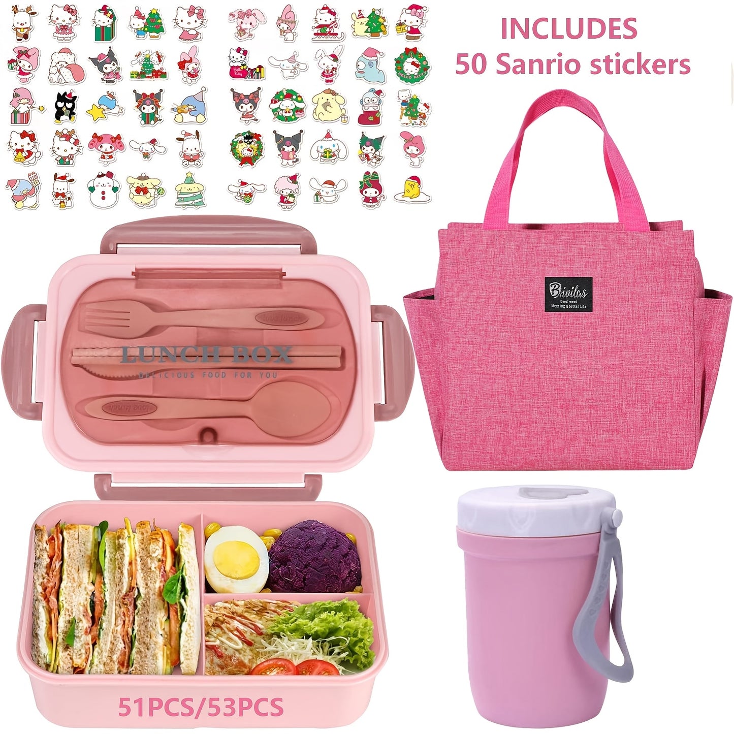 51pcs/53pcs Sanrio Lunch Box Set | Thermal Bag, Breakfast Cup, Portable Sealed Compartment Bento Box, 40.58Oz Capacity, Microwave And Dishwasher Safe, Ideal For Work, Picnics, And Back To School