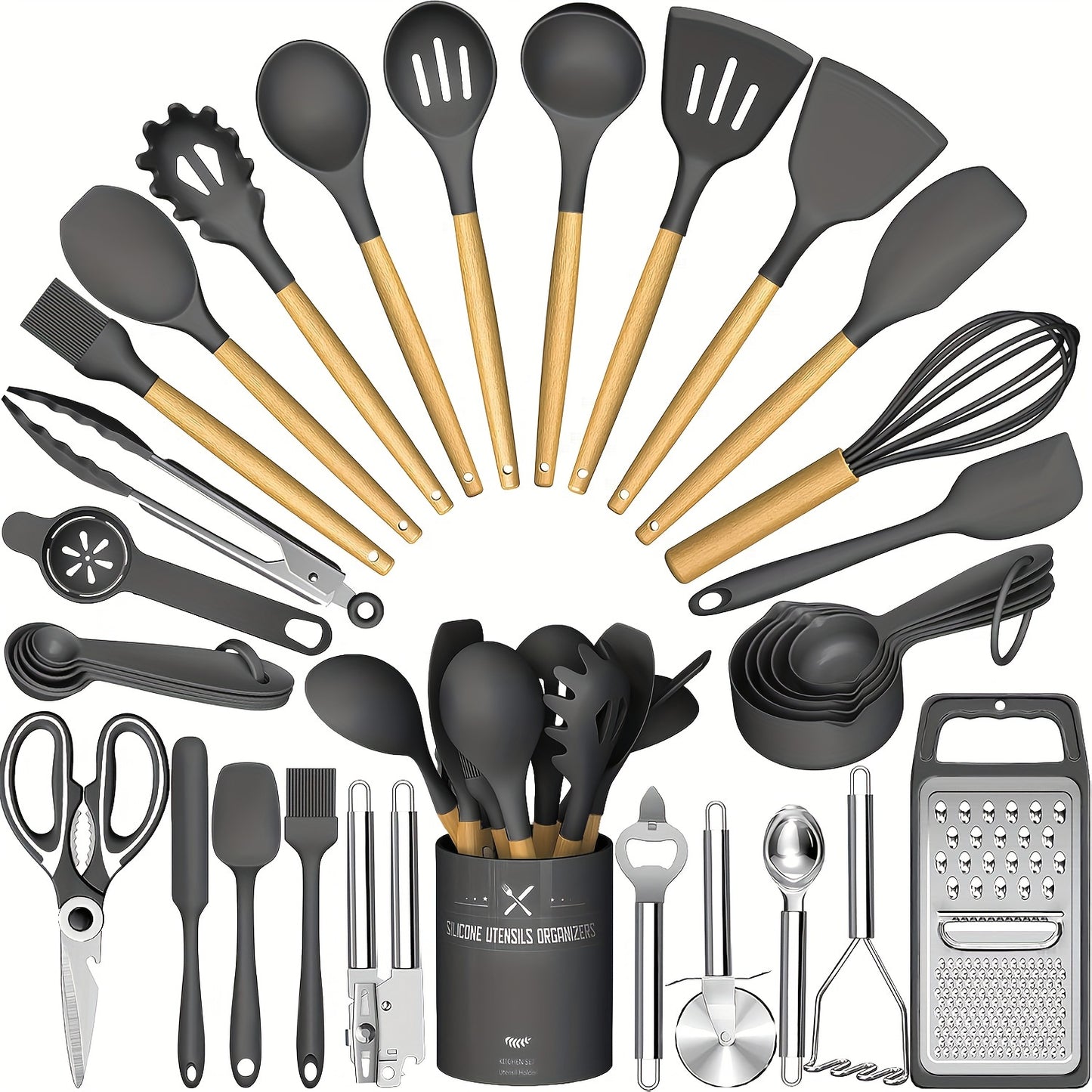 Kitchen Utensils Set- 34pcs Silicone Cooking Utensils with Holder, Heat Resistant Kitchen Utensil Spatula Set for Nonstick Cookware, Black Wooden Handles Kitchen Gadgets Tools Set Father Gift