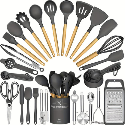 Kitchen Utensils Set- 34pcs Silicone Cooking Utensils with Holder, Heat Resistant Kitchen Utensil Spatula Set for Nonstick Cookware, Black Wooden Handles Kitchen Gadgets Tools Set Father Gift