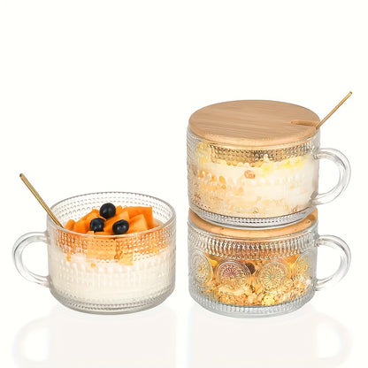 4pcs, 13oz/384ml, Vintage Sunflower Breakfast Cup Set - High-quality Glass Cup, Multifunctional Cutlery with Spoon And Lid, Suitable for Coffee, Tea, Cappuccino, Latte, Grains, Yogurt, Milk.