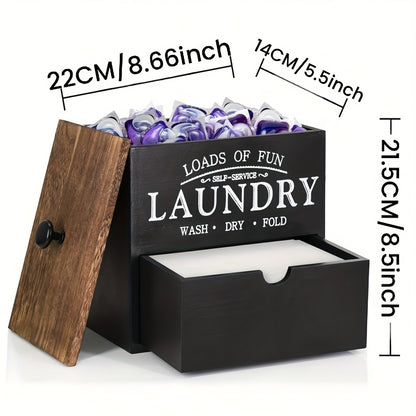 MONDRAME Farmhouse-Style Wooden Dryer Sheet Holder with Drawer And Lid - Dual Installation Options, Wall Mount Or Countertop, Laundry Pod Dispenser for Organized Storage