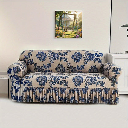 1pc Dark  Slippery Fibre Print Skirt Cover, Which Can Be Used in All Seasons, and the High-stretch Fabric Fits Snugly Around the Sofa. Equipped with a Non-slip Fixed Rod, Stable and Non-shifting, Both Beautiful and Practical.