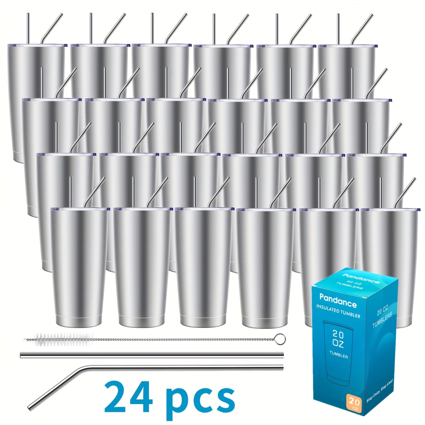 8/12/24pcs 20Oz 304 Stainless Steel Insulated Tumblers with Lid And Straw Bulk, Double Wall Vacuum Water Cups for Hot & Iced Coffee Drinks Travel Mug