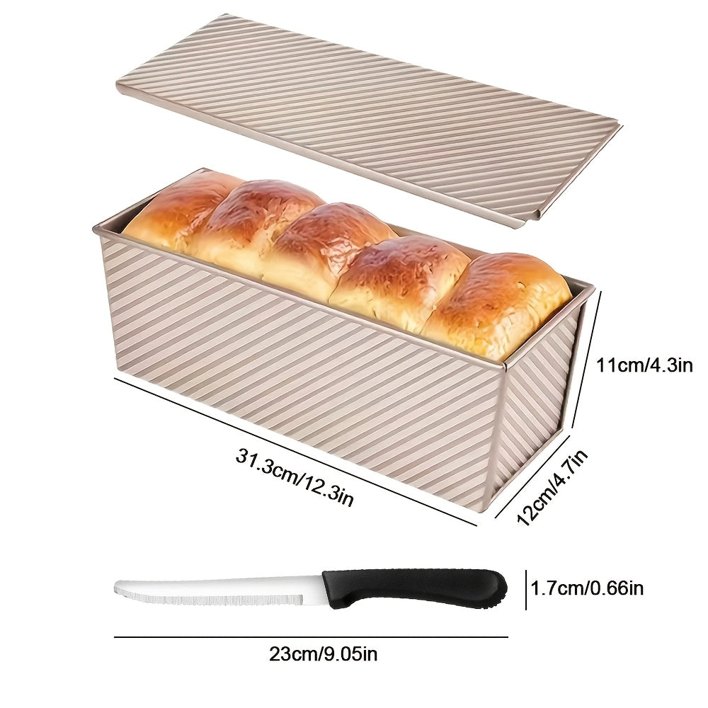 1/2pcs Extra Large Pullman Loaf Pan with Lid 12.3x4.7x4.3 Inches, Bread Knife Included, Vent Holes for Baking, Black Lid Bread Pan for Sandwich Bread
