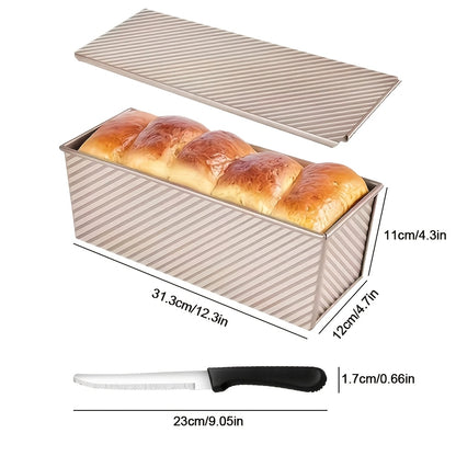 1/2pcs Extra Large Pullman Loaf Pan with Lid 12.3x4.7x4.3 Inches, Bread Knife Included, Vent Holes for Baking, Black Lid Bread Pan for Sandwich Bread