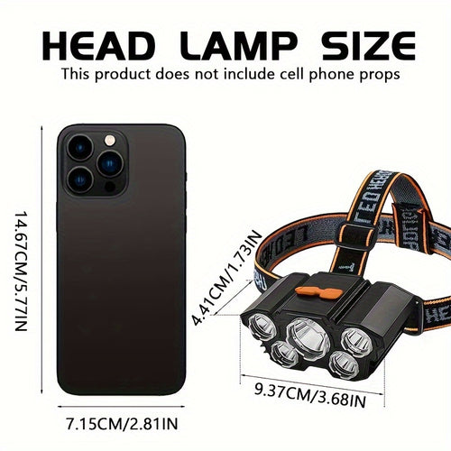 4pcs Set of LED Headlamps, 4-speed Dimming Rechargeable Emergency Fishing Headlamps, ABS Outdoor Hands-free Flashlight, Adjustable Angle, IP44, Battery-powered/suitable for Camping/hiking/mountain Climbing/fishing