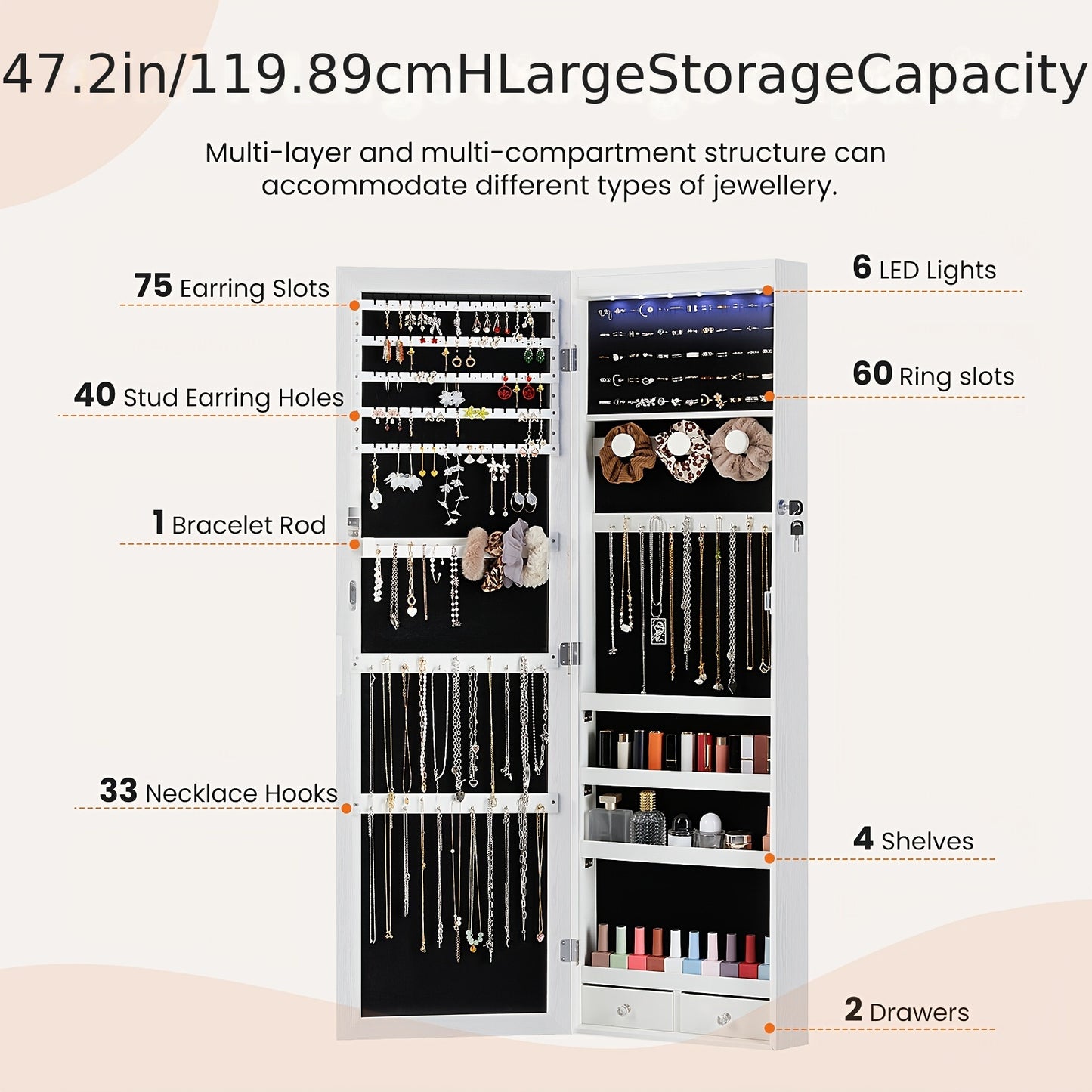 [Luxury Jewelry Organizer Storage] 47.2" Floor-to-Ceiling Jewelry Box, Armoire 6 LEDs & Dual Lock- Mirror-Integrated Storage And Organization for Necklace Displays & Earring Organization., Jewelry Armoires