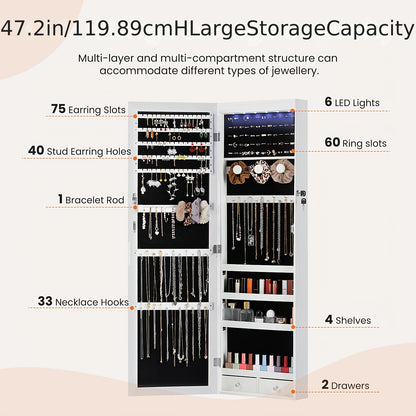 [Luxury Jewelry Organizer Storage] 47.2" Floor-to-Ceiling Jewelry Box, Armoire 6 LEDs & Dual Lock- Mirror-Integrated Storage And Organization for Necklace Displays & Earring Organization., Jewelry Armoires