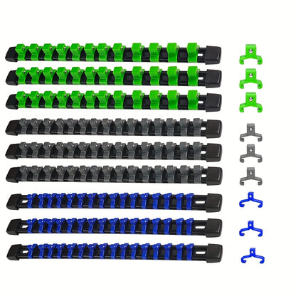 6/9/18pcs Socket Organizer Drive ABS Tools-Socket Holder, Heavy Duty Socket Rack, Premium Quality Holders Kit 1/4-Inch3/8-Inch And 1/2-Inch Rails