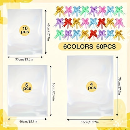 Clear Heat Shrink Cellophane Bags 80pcs 3 Sizes with Pull Bows | Gift Basket Wrapping Bags for Easter Mother's Day Party Favors