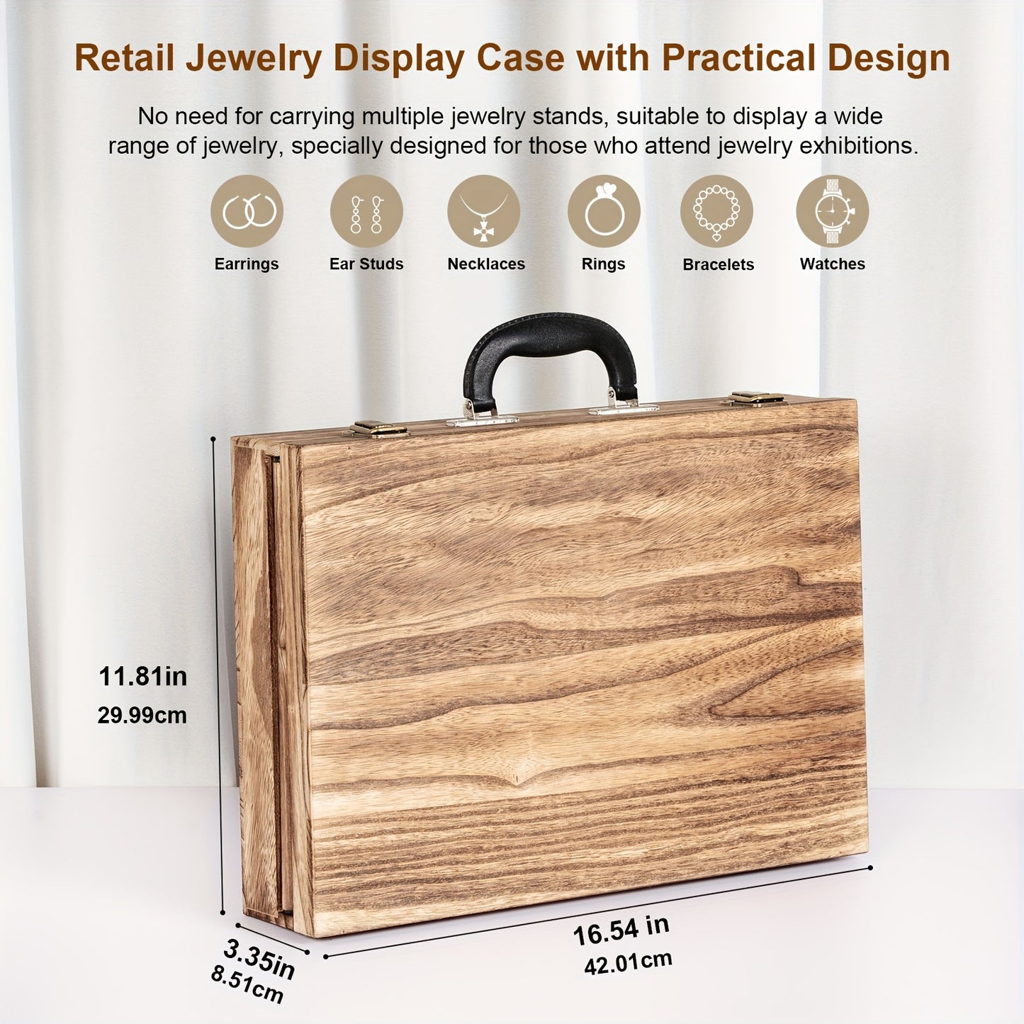 Wooden Jewelry Display Case with Lock & Buckle Closure – Vintage Tabletop Organizer Box for Earrings, Bracelets & Necklaces, Large Capacity Earring Card Holder, Burnt Wood
