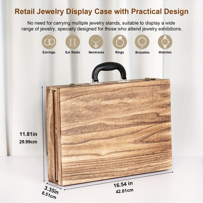 Wooden Jewelry Display Case with Lock & Buckle Closure – Vintage Tabletop Organizer Box for Earrings, Bracelets & Necklaces, Large Capacity Earring Card Holder, Burnt Wood
