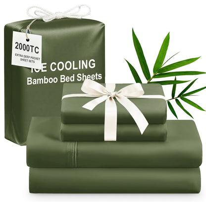 4pcs Bamboo Cooling Bedding - Extra Deep Pocket Breathable And Cooling - Suitable for Hot Sleepers And Sweats, Children Pillowcases, Flat Sheet And Fitted Sheet - A Perfect Gift for Family, Queen And King Sizes