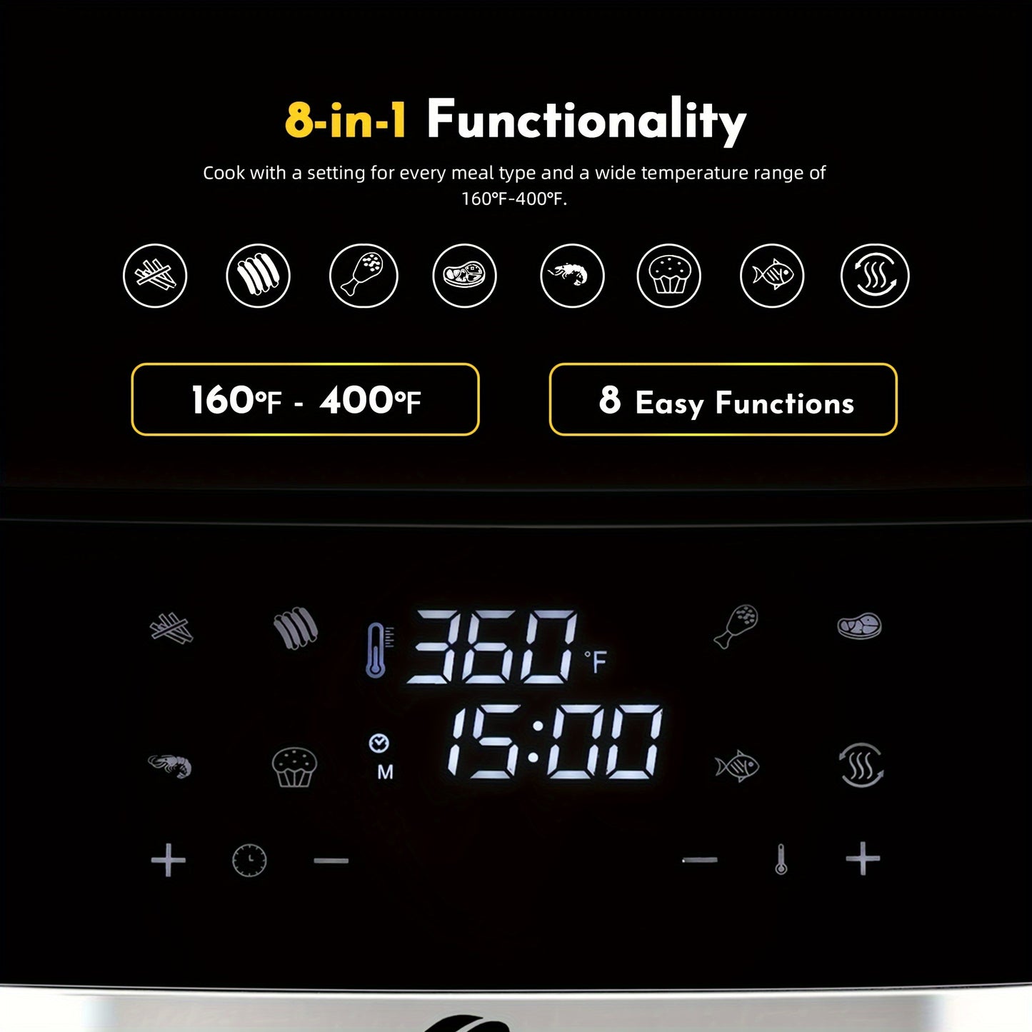 8.5/3.6QT Touch Air Fryer | Upgraded 8-in-1 Basket, Digital Touchscreen Display with 8-Presets, Air Fry, Bake, Roast, Broil in Minutes, Black (Touchscreen Series), YMS Brand, Stainless Steel Basket, 1500W Power, 120V Voltage