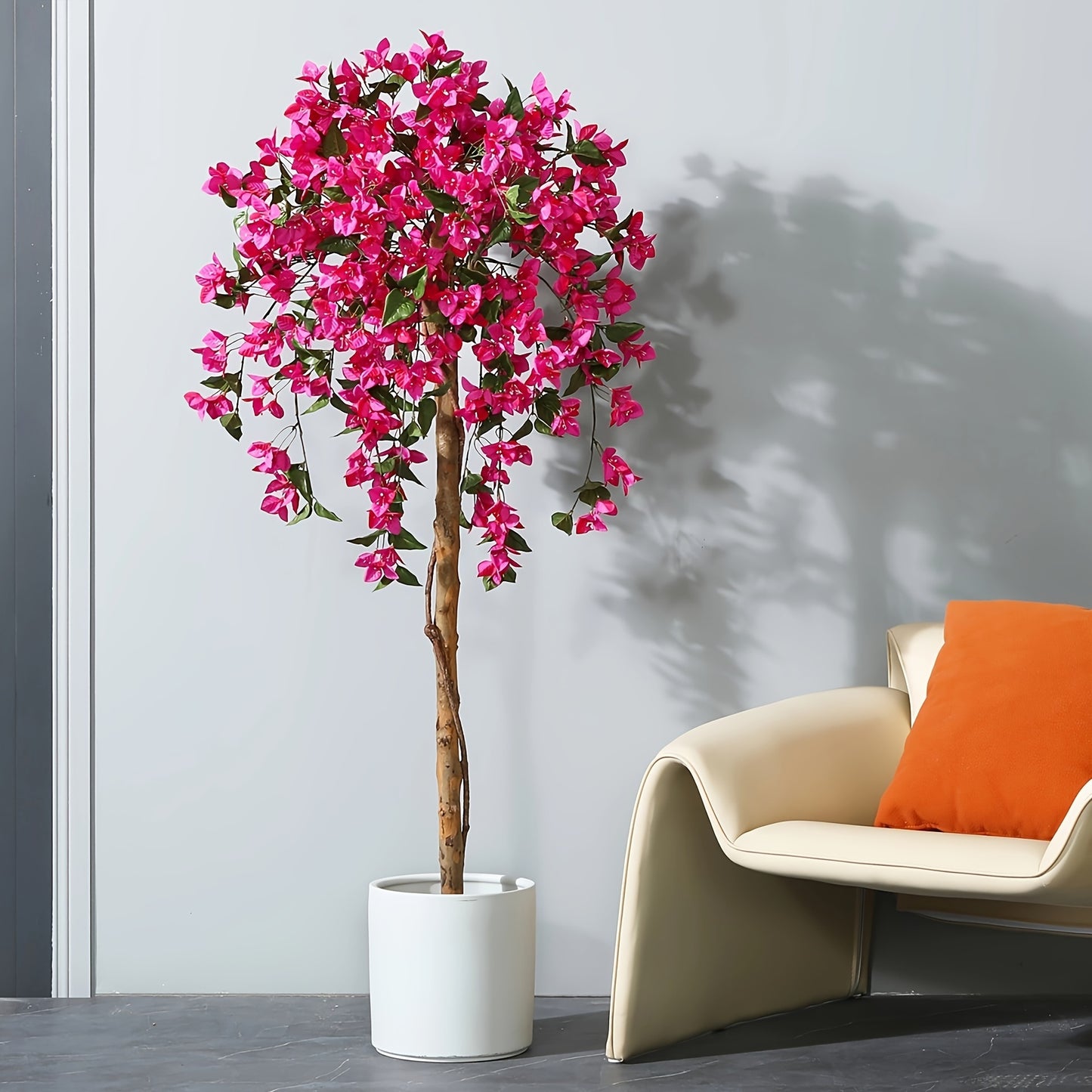 Artificial Bougainvillea Flowers Tree, Faux Potted Plants with Wood Trunk And Pink Flowers for Housewarming Decor Gift