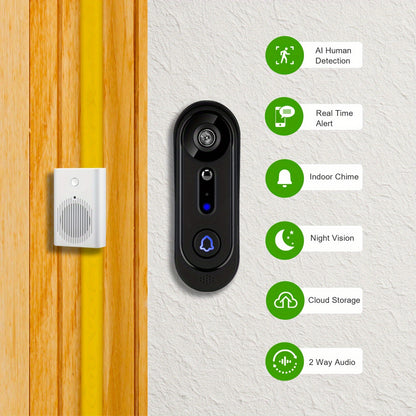 Wireless 1080P Doorbell Camera, Alert, Night Vision, Motion Detection, Indoor Chime, Two-Way Audio, Battery Powered, 2.4Ghz Solely, Cloud Storage