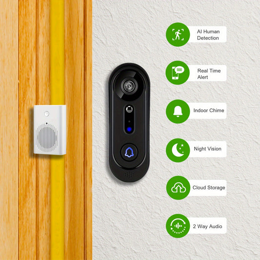 Smart Doorbell Camera 1080P HD Wireless Battery Powered – Night Vision, Motion Detection, Two-Way Audio, Indoor Chime, Cloud Storage & Real-Time Alerts, 2.4GHz WiFi Easy Install No Wiring Needed