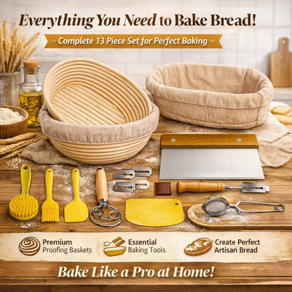 Sourdough Bread Baking Supplies Kit - Danish Dough Whisk, Bread Lame, Proofing Baskets 10 inch Round & 9 Oval, Dough Scrapers, Cooking Brush, Basket Liners Complete Sourdough Starter Bread Making Set
