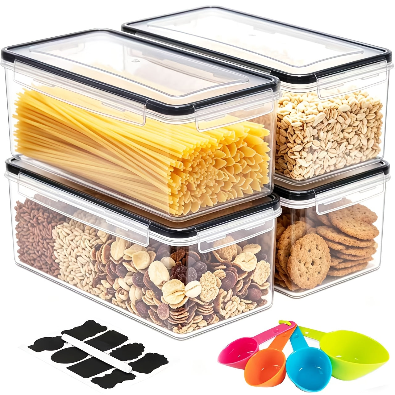 4pcs X 108.2oz Airtight Food Storage Containers with Lids, Plastic Spaghetti Container for Pasta, Cereals, Snacks And Other Dry Food Organizer, BPA Free Air Tight House Kitchen Pantry Organization, with 4 Spoons, a Pen And Labels