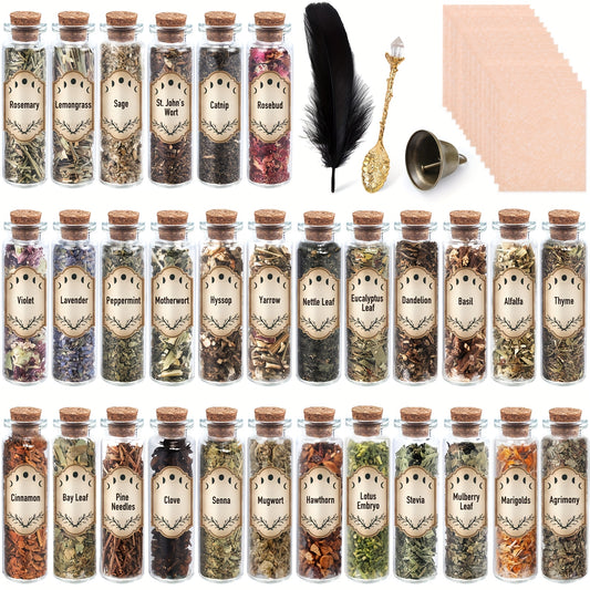43pcs Herbs And Flowers Sachet Supplies Kit-30pcs Dried Herbs Bottles, 1 Crystal Spoon, 1 Black Feather And 1 Bell for Mothers Day Gift, Witch Set for Pagan, Rituals, Spells, Soap, Candle WeddingFor Beginners Scented Fragrance Home Decoration