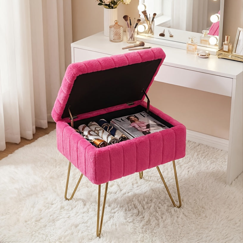 Faux Fur Storage Ottoman Stool – Soft Furry Vanity Seat with Storage, 4 Metal Legs & Non-Slip Feet – Cute Modern Multi-Function Chair for Bedroom, Vanity & Living Room