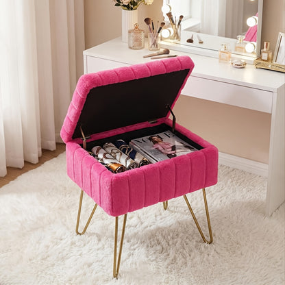 Faux Fur Storage Ottoman Stool – Soft Furry Vanity Seat with Storage, 4 Metal Legs & Non-Slip Feet – Cute Modern Multi-Function Chair for Bedroom, Vanity & Living Room