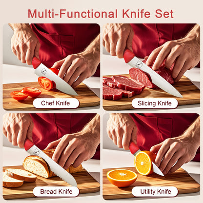imarku Knife Set with Block, Sharp Knife Set with Built-in Sharpener, Japanese Stainless Steel Kitchen Knife Set with Non-Slip Ergonomic Handle, Dishwasher Safe, Best Holiday Gifts, Upgraded Red Knife Set, 14pcs