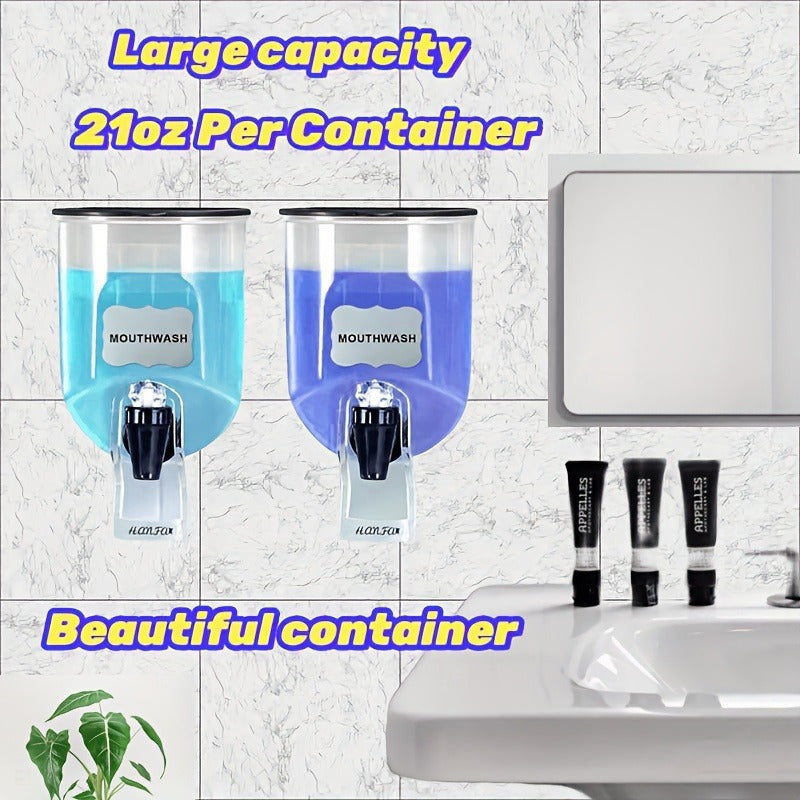 2 Durable Wall-Mounted Mouthwash Dispenser, 21 Oz Plastic Container, No Electricity Required, Bathroom Organization And Storage Additions