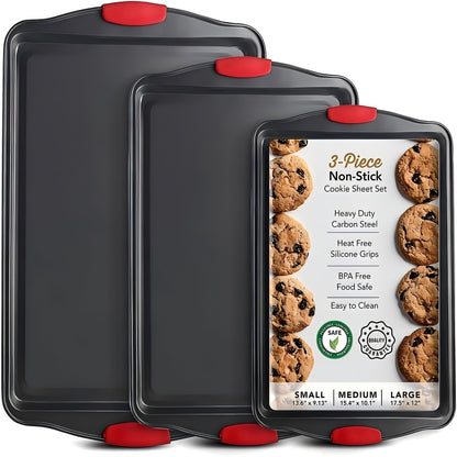Set of 3 Carbon Steel Non-Stick Baking Pans | Additions for Oven & Toaster, Suitable for Commercial Use, Double-Sided Non-Stick End, Elegant Design with Red Silicone Handle - Safe for Oven Use, Professional Kitchen Tools