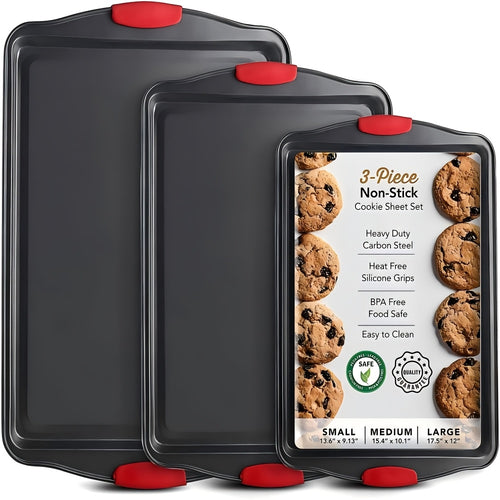 Set of 3 Carbon Steel Non-Stick Baking Pans | Additions for Oven & Toaster, Suitable for Commercial Use, Double-Sided Non-Stick End, Elegant Design with Red Silicone Handle - Safe for Oven Use, Professional Kitchen Tools