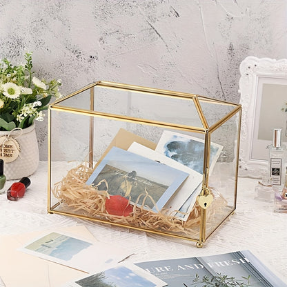 Elegant Golden Glass Card Box with Lock And Slot - 10.2 X 5.9 X 8.3 Inches, Large Transparent Geometric Design for Wedding Receptions, Birthday Parties, And Gift Decorations (Glass Box solely), Gift Presentation Box, Glass Storage Box