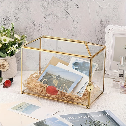 Elegant Golden Glass Card Box with Lock And Slot - 10.2 X 5.9 X 8.3 Inches, Large Transparent Geometric Design for Wedding Receptions, Birthday Parties, And Gift Decorations (Glass Box solely), Gift Presentation Box, Glass Storage Box