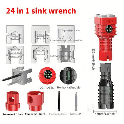 24-in-1 Sink Wrench Faucet Repair Tool Kit Multi-Function Basin Wrench Long Non-Slip Handle for Kitchen Bathroom Plumbing