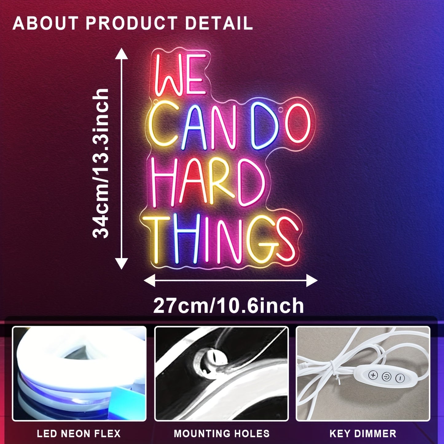 Neon Sign We Can Do Hard Things – Dimmable LED Wall Art, USB Powered, Vibrant Colors, Inspirational Bedroom Decor for Classroom Birthday Party Aesthetic Backdrop, 13.3x10.6 In