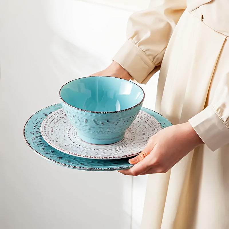16pcs Dinnerware Set Service for 4, Blue & Coffee Color Stoneware Set, Bowls Set, Dishes Set, Including Dinner Plates, Dessert Plates, Salad Bowls And Mugs. Chip & Scratch Resistant. Dishwasher & Microwave Safe. Gifts for Weddings & Anniversaries