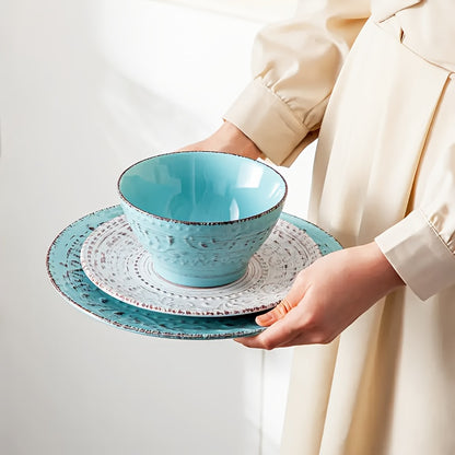 16pcs Dinnerware Set Service for 4, Blue & Coffee Color Stoneware Set, Bowls Set, Dishes Set, Including Dinner Plates, Dessert Plates, Salad Bowls And Mugs. Chip & Scratch Resistant. Dishwasher & Microwave Safe. Gifts for Weddings & Anniversaries