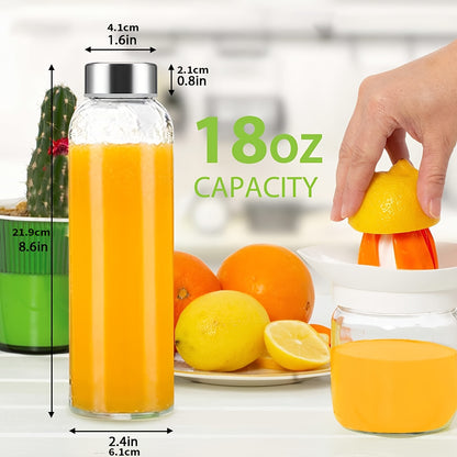 6pcs Glass Water Bottles with Stainless Steel Lids, 18Oz Clear Water Bottles with Lids, Glass Juice Bottles, Reusable Clear Water Bottles, with Stainless Steel Sealing Lids, Suitable for Refrigerator, And Bpa-Free, Leakproof