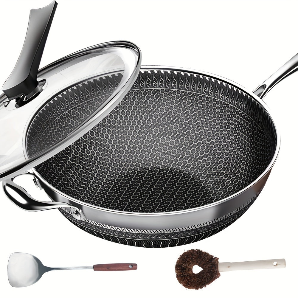 13.3 Inch Stainless Steel Wok with Lid And Spatula, Non Stick Stir-fry Pans with 2pcs Kitchen Accessories Gadgets, Kitchen Must Haves, Compatible with All Cooktops, And Closeout