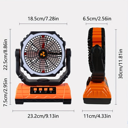 Portable Camping Fan with Dual Motors LED Light & Remote Control, Solar Powered Outdoor Fan with Hook for Tent Work Site Power Outage, Camping Accessories