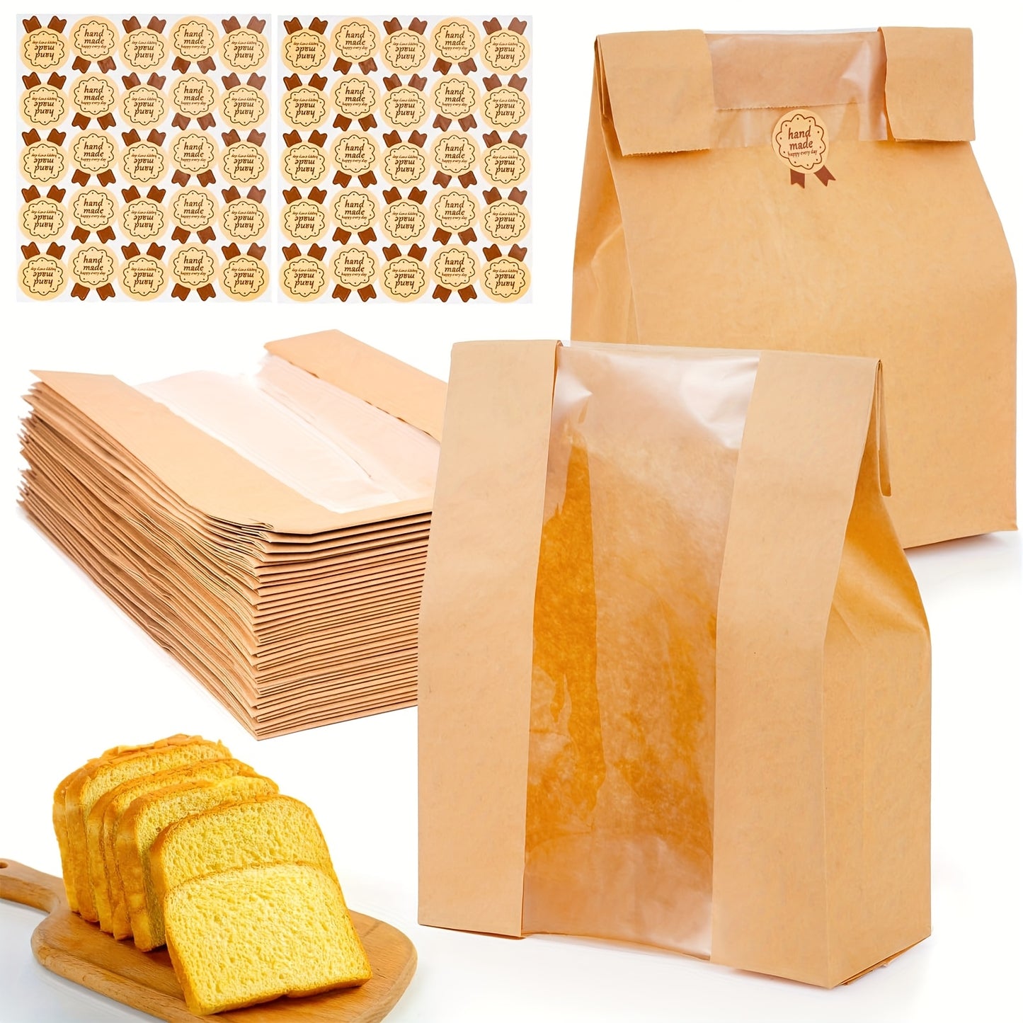 100pcs Bread Bags for Homemade Bread, Sourdough Paper Bread Bags with Window, 50% Thicker 13.7x8.2x3.7in A Large Bakery Bags Used for Storage Bread Cookies & Snacks, 100pcs Cute Sealing Stickers