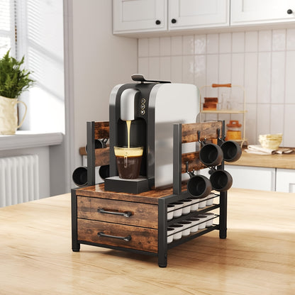Double Layer Coffee Capsule Storage Rack And Mug Holder, Coffee Machine Stand, K Cup Holder Drawer - Coffee Bean Pod Organizer, 70 Capacity Bean Pod Holder, Home Kitchen Countertop Organizer, Rustic Brown