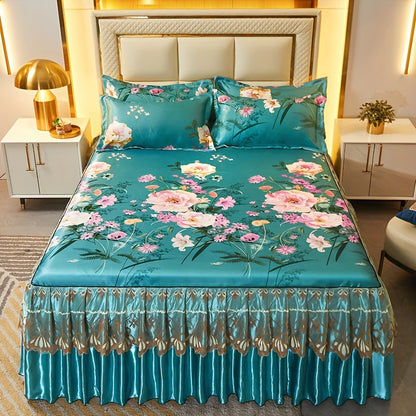 3pcs Double Layer Ruffle Bed Skirt Style Cool Mat Three Piece Set with Pillowcase Washable High Weight 360° Full Wrap