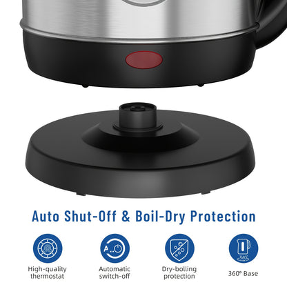 Electric Kettle 1200W Fast Boiling 1.8L Stainless Steel BPA-Free Auto Shut-Off Boil-Dry Protection 360 Swivel Base for Coffee Tea Kitchen Camping Office Home