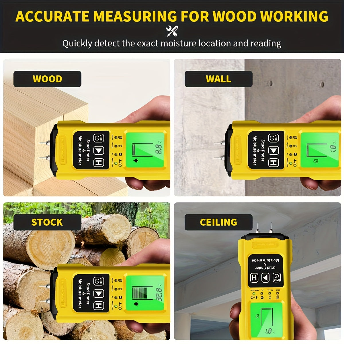 Stud Finder Wall Scanner 7-in-1 with LCD Display & Sound Alert Wood Metal AC Wire Detector Moisture Meter Temperature Sensor for DIY Home Construction