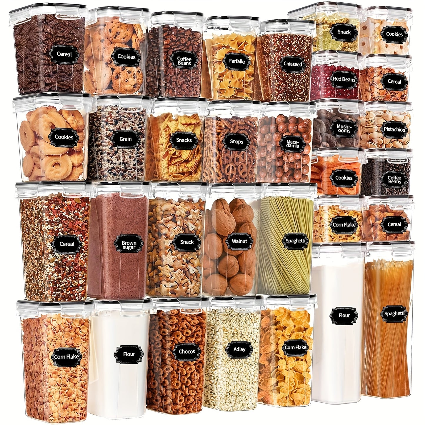 Set of 64 Airtight Food Storage Containers (32 Boxes And 32 Lids), Ideal for Organizing Your Kitchen And Pantry. Made from Bpa-Free Plastic, These Canisters Are Perfect for Storing Flour, Sugar, And Cereal, And Come with Labels And a Marker