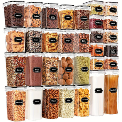 Set of 64 Airtight Food Storage Containers (32 Boxes And 32 Lids), Ideal for Organizing Your Kitchen And Pantry. Made from Bpa-Free Plastic, These Canisters Are Perfect for Storing Flour, Sugar, And Cereal, And Come with Labels And a Marker