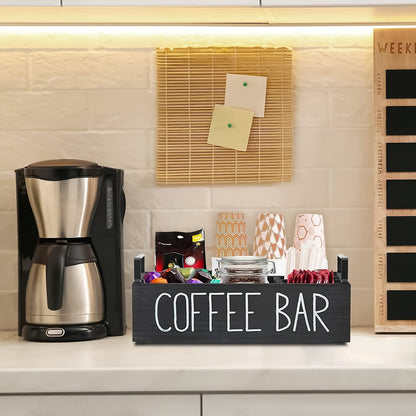 Coffee Bar Organizer Wooden Farmhouse Style - Rustic COFFEE BAR Sign Storage Tray for Pods Sugar Creamer Accessories, Waterproof Rectangular Countertop Organizer for Kitchen Coffee Station Decor